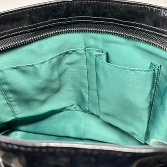 Coach Park Patent Carry Tote F23979 Purse Shoulder Bag Black with Aqua Interior - Picture 15 of 16